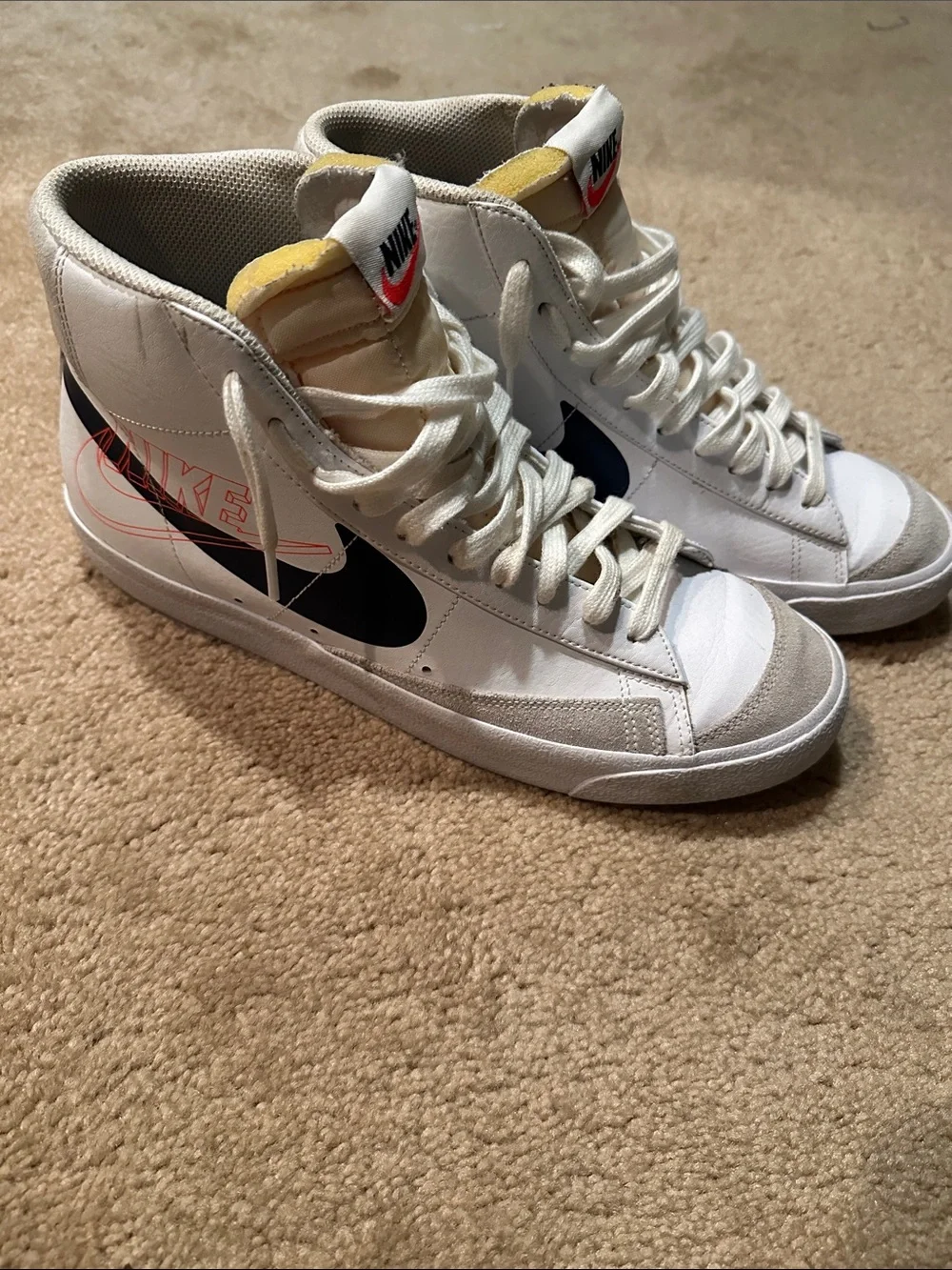 Nike High-Top Sneakers White with Black Swoosh and Yellow Tongue Accents